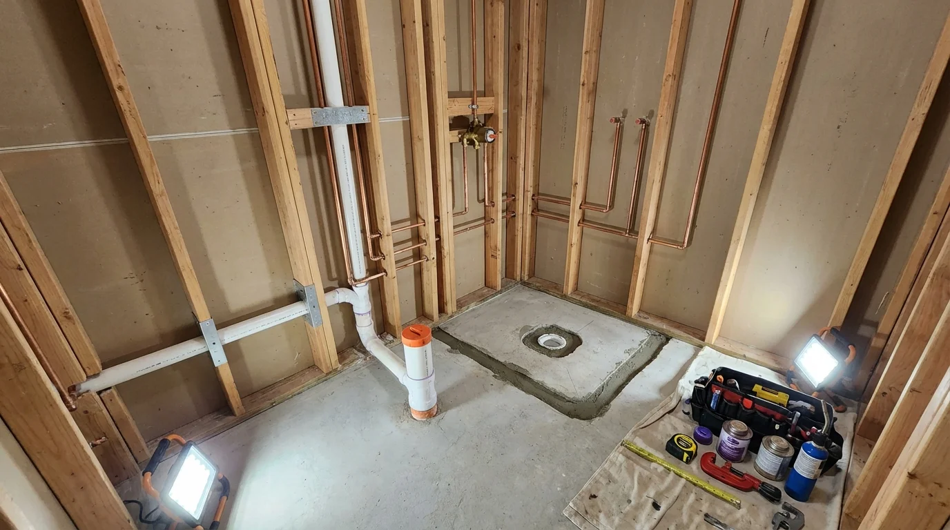 Bathroom rough-in plumbing during remodel by Johns Plumbing LLC in Live Oak