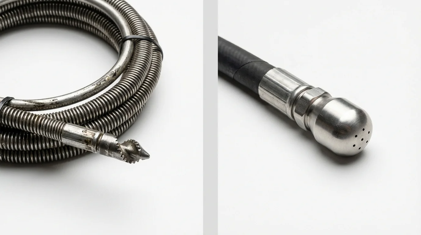 Drain snake cable and hydro jetting nozzle used for drain cleaning in Live Oak, CA