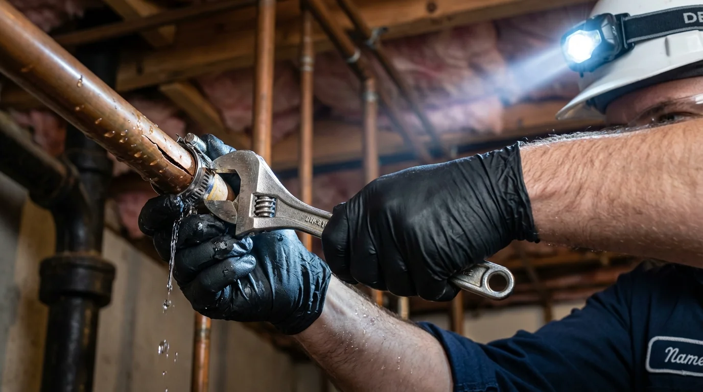 Emergency pipe clamp repair being performed by a Johns Plumbing LLC plumber in Live Oak