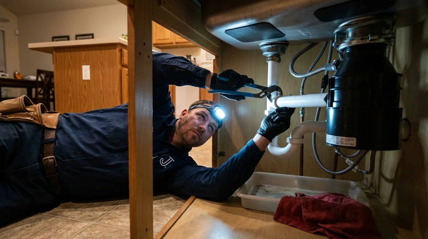 P-trap and supply line connections under a kitchen sink showing a common leak point in Live Oak, CA